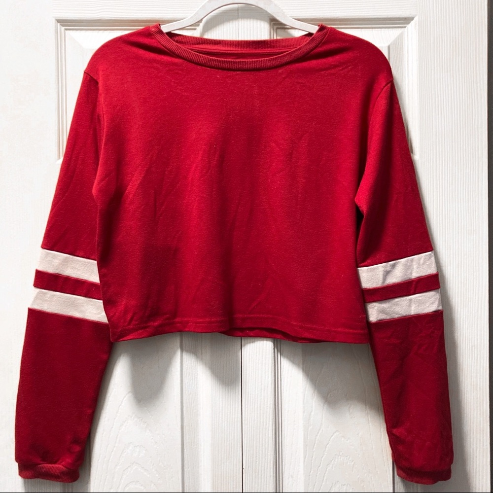 Red Varsity Striped Sleeve Crop T-shirt